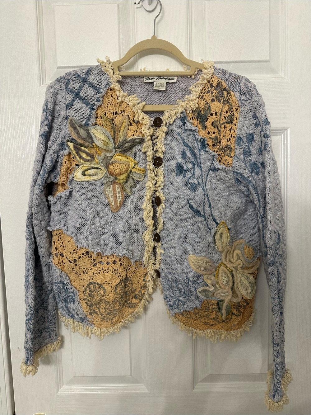 Norm Thompson Blue and Mustard Floral Patchwork Cardigan